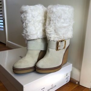 Moncler wedge bootie, creamy shearling & suede
